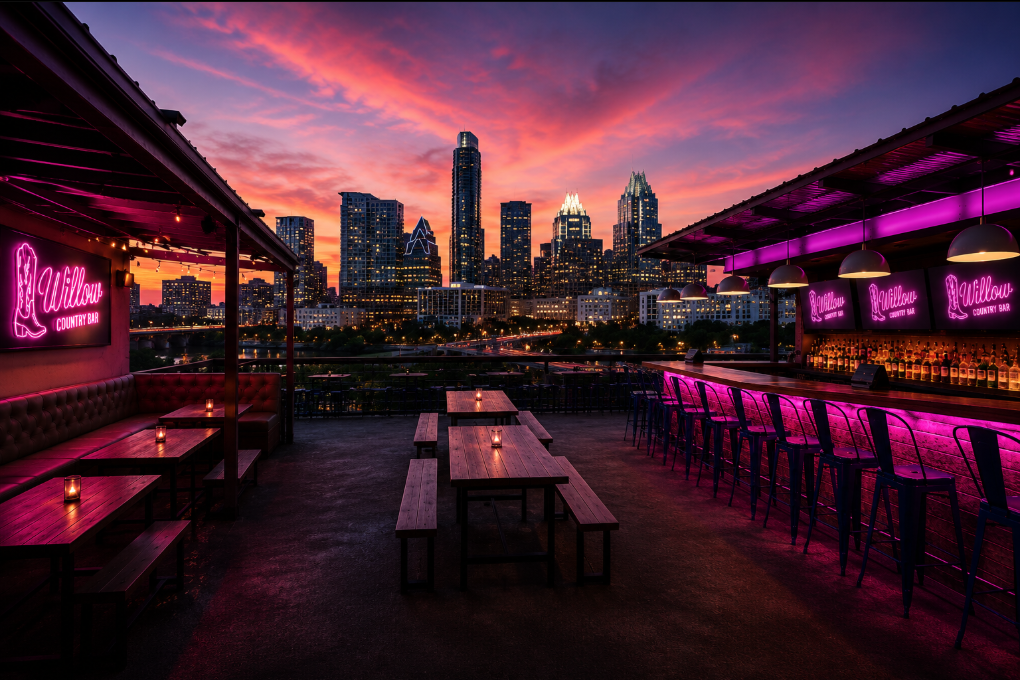 Willow Country Bar's rooftop at sunset with the downtown Austin skyline and neon Willow boot signs